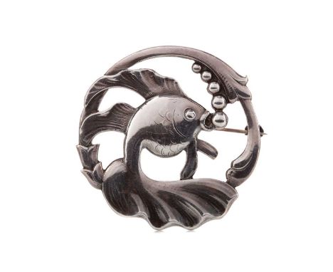 DANISH SILVER FISH BROOCH BY EILER &amp; MARLOE,modelled as a fish blowing bubbles, 50mm in diameter, with 'STERLING, DENMARK