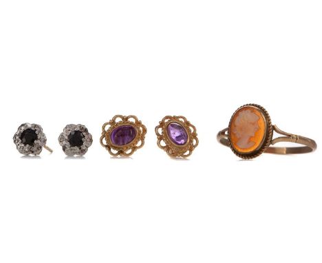 COLLECTION OF GEM SET JEWELLERY,including three pendants, two pairs of earrings and a nine carat gold cameo ring, each marked