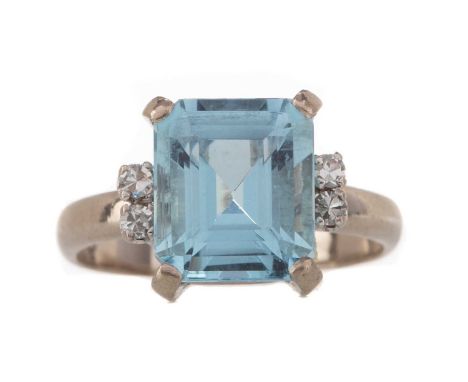 AQUAMARINE AND DIAMOND RING,the step cut aquamarine flanked by four round brilliant cut diamonds totalling approximately 0.08