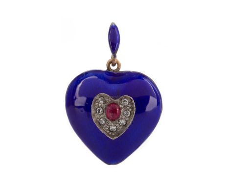ENAMELLED RUBY AND DIAMOND HEART PENDANT,the blue enamelled heart with overlaid central section set with cabochon ruby and si