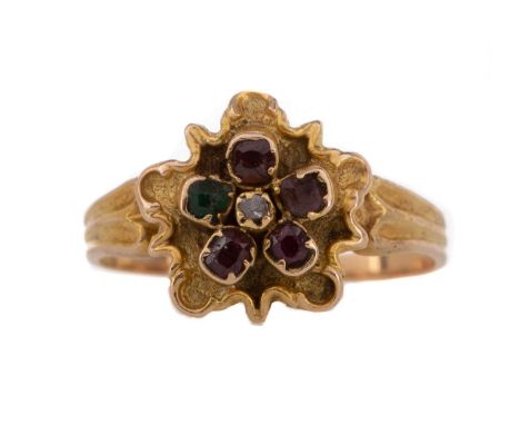 GEM SET AND DIAMOND FLOWER CLUSTER RING,set with various gemstones and central diamond chip, unmarked, size I, 1.6gCondition 