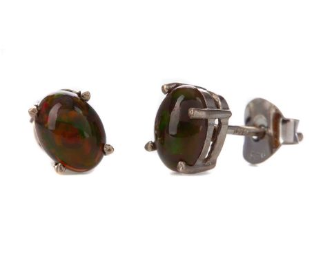 PAIR OF ETHIOPIAN BLACK OPAL STUD EARRINGS,set with cabochon stones, in silver