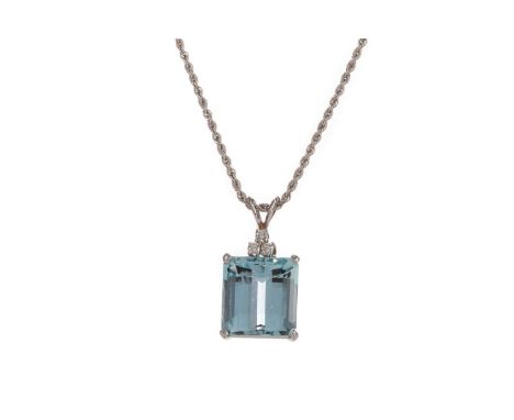 AQUAMARINE AND DIAMOND PENDANT,the step cut aquamarine beneath three round brilliant cut diamonds, unmarked, on a ropetwist c