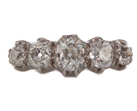 OLD CUT DIAMOND FIVE STONE RING,the old mine cut diamonds totalling very approximately 1.60 carats, marked 18CT &amp; P, to a