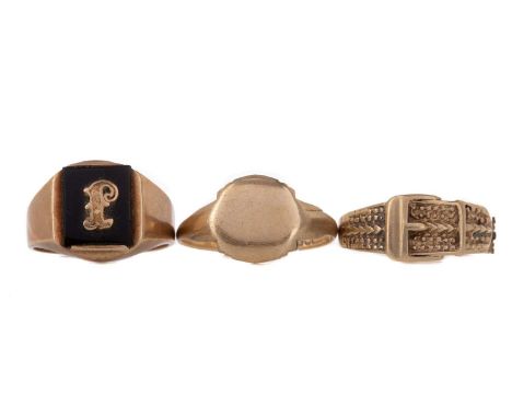 BLACK HARDSTONE SIGNET RING, with overlaid 'J', marked 10K, 5.5g, along with a buckle ring and a signet ring, each with snapp