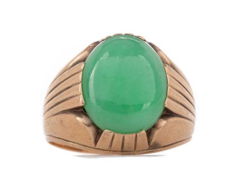 GREEN HARDSTONE RING,set with a cabochon green hardstone, marked 14K, size T, 9.3gCondition report: No hallmark on item, mark