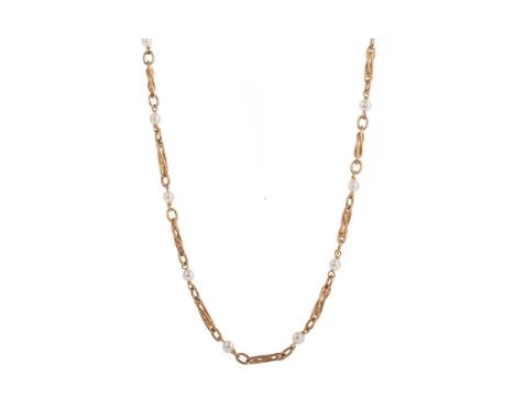 GOLD AND PEARL NECKLACE,formed with twist links spaced with seventeen cultured pearls, in nine carat gold, 11gCondition repor