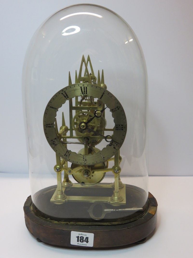 SKELETON CLOCK, glass oval dome brass skeleton turret clock 13" high