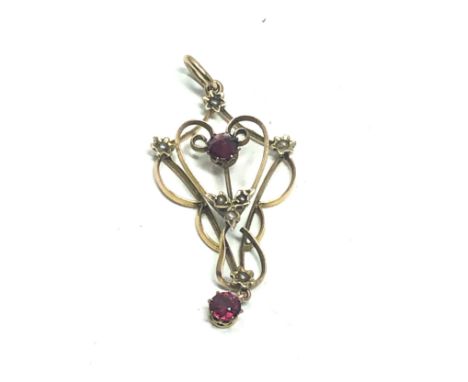 9ct gold antique seed pearl &amp; garnet lavalier pendant (2.5g) 