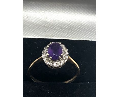 9ct gold vintage amethyst &amp; diamond cluster ring (2g) 
