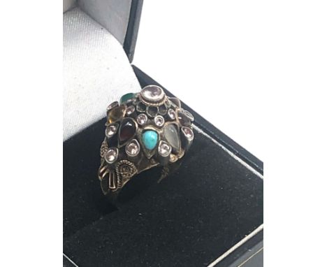 Vintage 14k gold Harem ring with multi colour gems weight 5.1g 