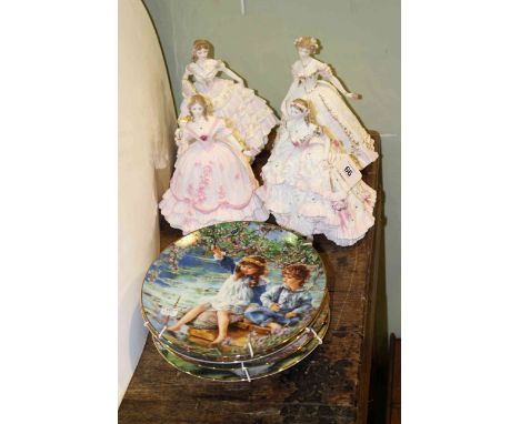 Four Royal Worcester limited edition Romance of the Victorian Era figures and five collectors plates