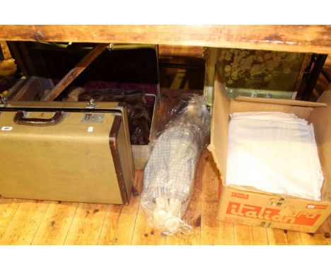 Two vintage suitcases, fur, doll, firescreen and box of linen