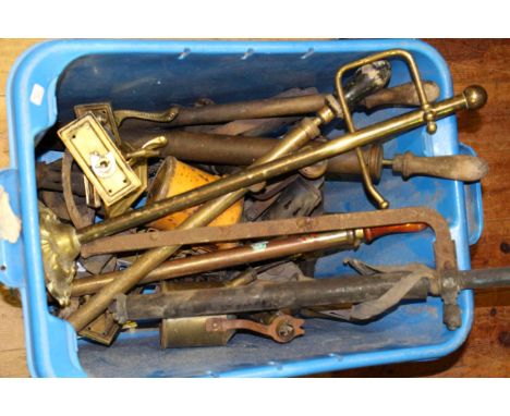 Box of old fashioned tools, brass handles, etc