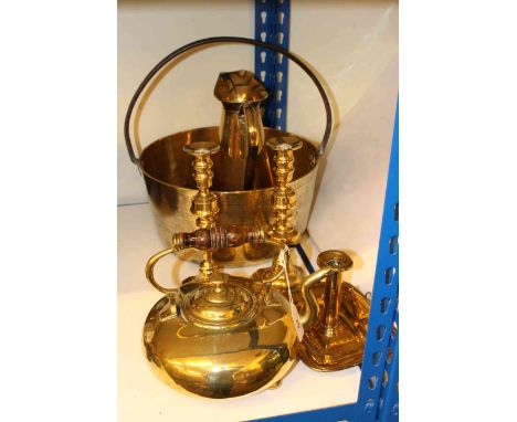 Brass jam pan, jug, pair of candlesticks, chamber stick and kettle