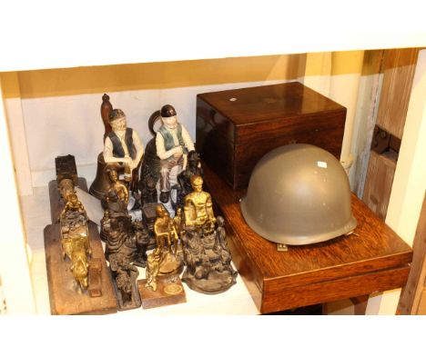 Rosewood toilet box, cutlery canteen, helmet and collection of mining figures