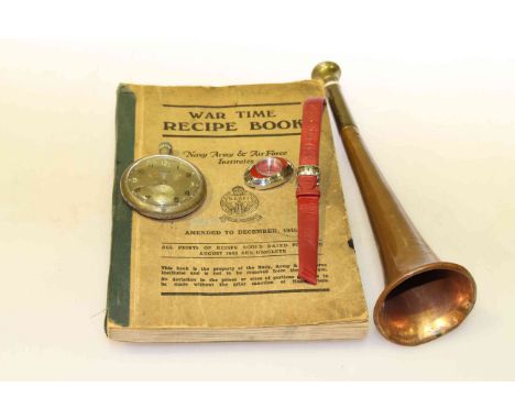 Copper horn, Tissot watch, pocket watch and war time recipe book