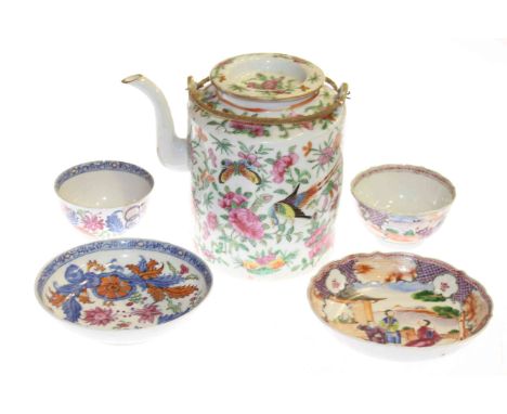 Cantonese tea kettle and two Oriental tea bowls and saucers
