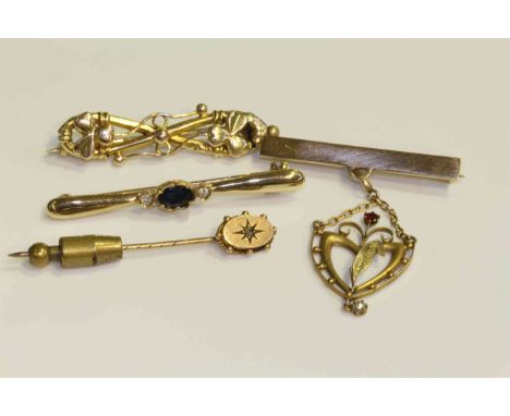 Three 9 carat gold brooches and 9 carat gold stick pin (4)