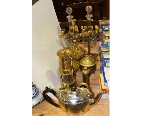 Miners lamp, brass wares, EP teapot and pair decanters