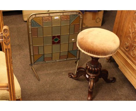 Victorian revolving piano stool and Edwardian brass and leaded glass firescreen (2)