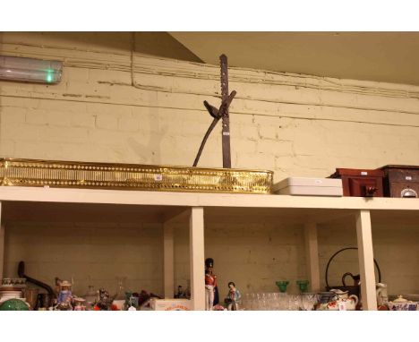 Pierced brass fender, cash drawer, wall clock, key cabinet, vintage tool and posser (6)
