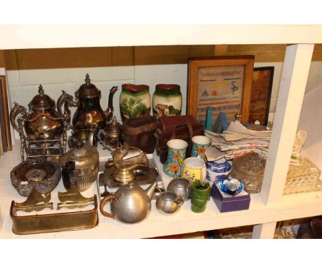 Tin trunk, suitcase, mirror, metalware, glassware, cameras, binoculars, etc