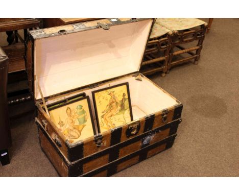 Vintage domed topped trunk and three framed prints (4)