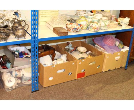 Four boxes of glassware, china, linen, commemorative spoons, etc