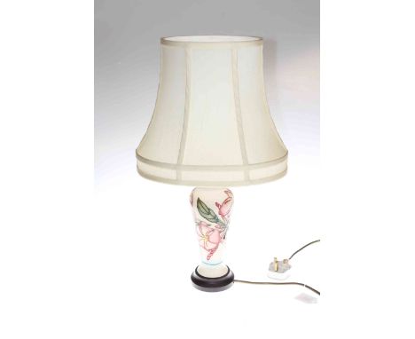 Modern Moorcroft pottery table lamp with silk shade