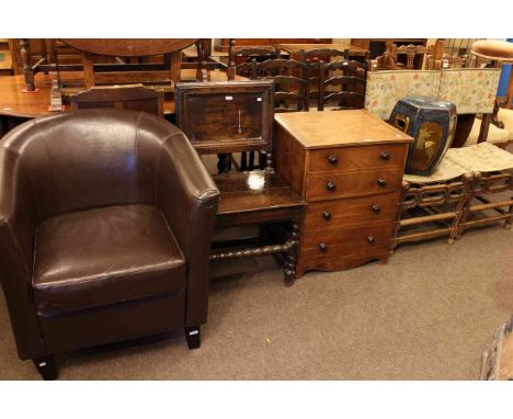 Pair oak side chairs, earthenware barrel stool, Victorian commode chest, Victorian oak side chair and tub chair (6)