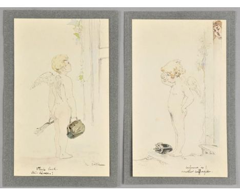*Suffragettes. Two original pen and ink and watercolour cartoons by Edouard Covillot, circa 1910,  both showing a Cupid figur