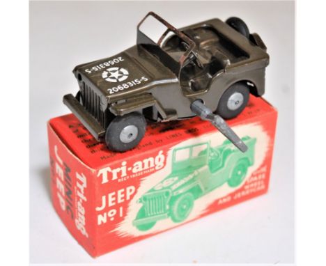 Triang Minic, Post War Tinplate and Clockwork No.1 Jeep, green body with white star to bonnet, cast hubs, with key, in the or