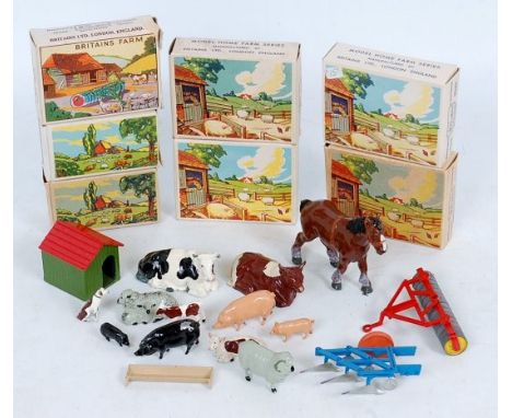 Britains, picture packs, No. 136F tractor roller, 173F 3 furrow plough No. 5001 shire horse, No. 5005, 1 cow (lying), 1 sheep