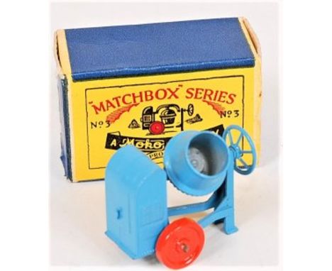 Matchbox, regular wheels No.3A cement mixer, light blue body with orange metal wheels, in the original type A script box (M,B