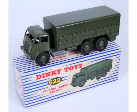 Dinky Toys, 622 10-ton army truck, military green body and hubs, with green tin rear canopy, with driver figure, in the origi