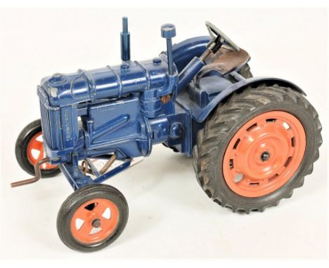 Chad Valley, Fordson Major tractor, diecast dark blue body, orange wheels with rubber tyres, Chad Valley Transfer to undersid