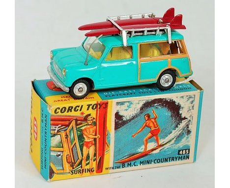 Corgi Toys, 485 Mini Countyman with surfer, sea green body with lemon interior, 2 surfboards on roof-rack with surfer figure,