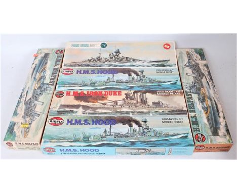 An Airfix 1/600 scale plastic model ship kit group, six boxed as issued examples to include HMS Belfast, HMS Hood, HMS Iron D