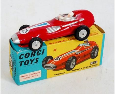 Corgi Toys, 150S Vanwall racing car, red body with racing number 25, with driver figure, silver seat with flat spun hubs, in 