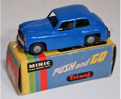 Triang Minic Post War, Hillman Minx, friction drive, blue plastic body with spun hubs, in the original all card box (GVG-BVG)