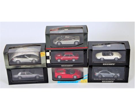 Minichamps 1/43rd scale boxed diecast group, 7 examples to include Mercedes Benz SL 2001 Silver, Mercedes Benz SL65 AMG Black