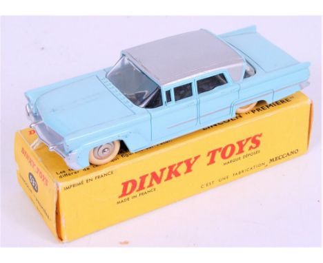 French Dinky No.532 Lincoln Premier, light blue body, silver roof and trim, chrome convex hubs with white smooth tyres, in th