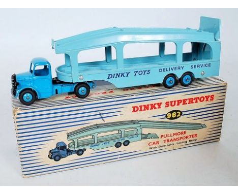 Dinky Toys, 982 Pullmore car transporter, mid-blue cab and hubs, light blue trailer and decks, with 994 loading ramp integral