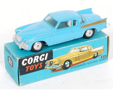 Corgi Toys, 211 Studebaker Golden Hawk, blue body with gold flash, flat spun hubs, in the original blue and yellow all-card b