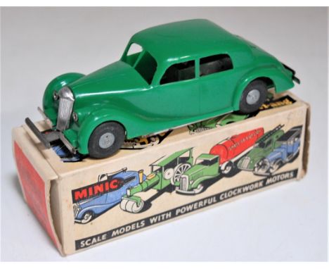 Triang Minic Post War, Reversing Riley, green plastic body with reversing button to front, chrome fittings, cast hubs, in the