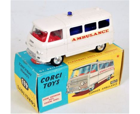 Corgi Toys, 463 Commer Ambulance, white body with red interior and blue tinted windows, blue roof light with Ambulance to sid