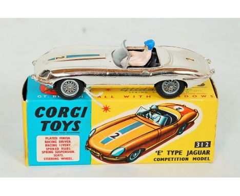 Corgi Toys, 312 'E' type Jaguar competition model, silver/gold vacuum plated, RN2, driver, spoke wheels, in yellow and blue b