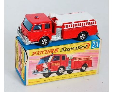 Matchbox Superfast Transitional No.29 Fire Pumper Truck, red body with blue glazing, blue roof light and white fittings, in t