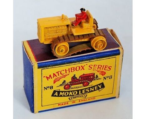 Matchbox 1-75 Series No.8A Caterpillar Tractor, rare yellow body including metal rollers with green rubber tracks, red figure